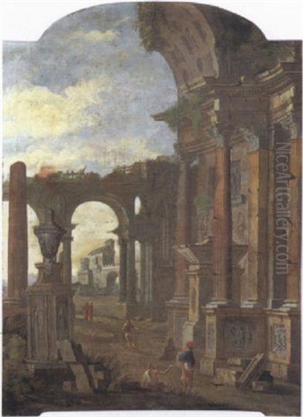 Paesaggio Con Rovine Architettoniche E Viandanti Oil Painting by Pietro Paltronieri