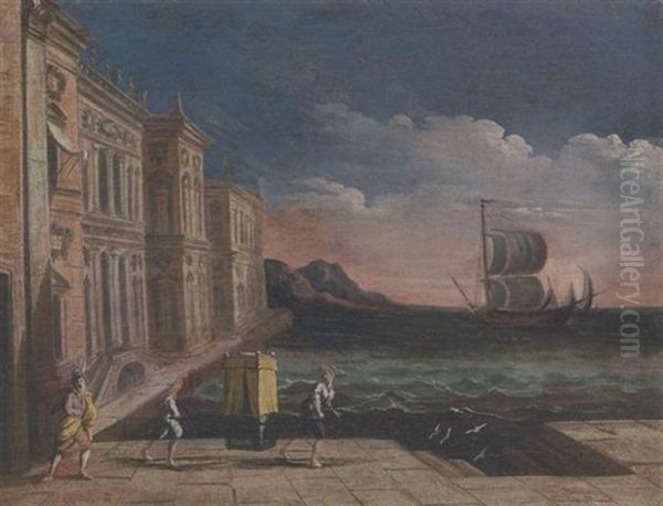 Capriccio Con Porto E Portantina Oil Painting by Pietro Paltronieri