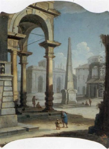 Architectural Capriccio With A Figure Giving Alms To A Young Beggar In A Piazza Oil Painting by Pietro Paltronieri