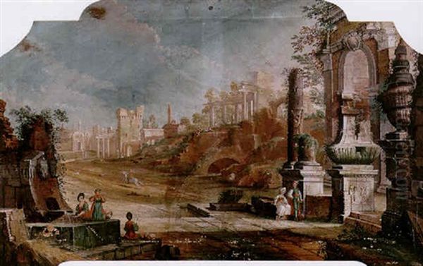 A Capriccio Landscape With Figures Amidst Classical Ruins Oil Painting by Pietro Paltronieri