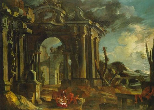 An Architectural Capriccio With Peasants Oil Painting by Pietro Paltronieri