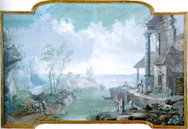 A River Landscape With Travellers And Traders Conversing On A Ruined Quay Oil Painting by Pietro Paltronieri