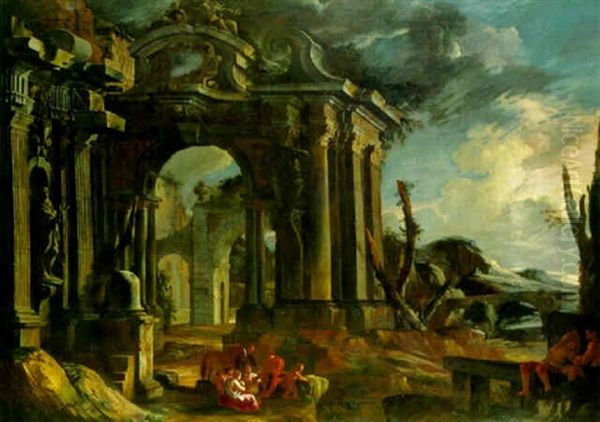 An Architectural Capriccio With Peasants Oil Painting by Pietro Paltronieri