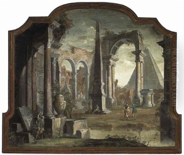 Architectural Capricci With Figures Walking Near An Obelisk Oil Painting by Pietro Paltronieri