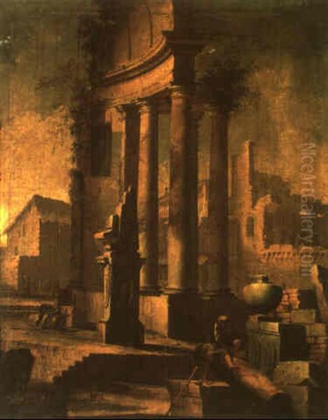 Classical Ruins With A Mother And Two Children Oil Painting by Pietro Paltronieri