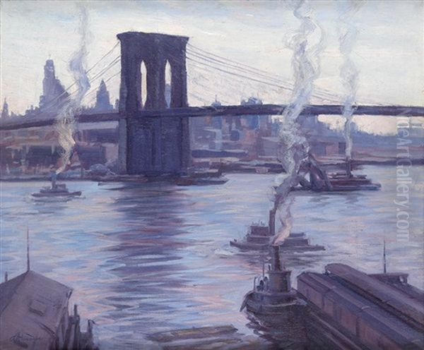 Brooklyn Bridge, New York (from The Brooklyn Docks) Oil Painting by Alphonse Palumbo