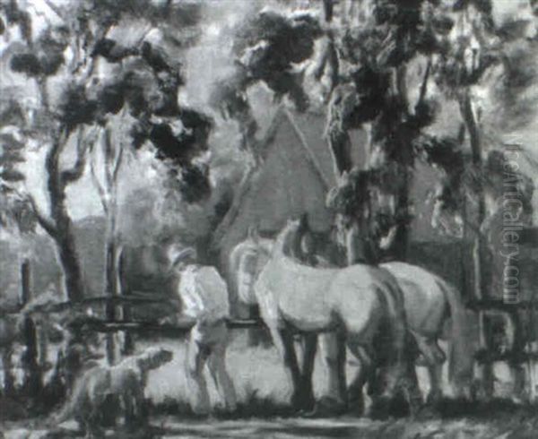 Landscape With Man, Horses And Dog Oil Painting by Alphonse Palumbo