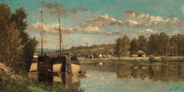 Fluslandschaft Mit Angelegten Booten Oil Painting by Florimond Palvadeau