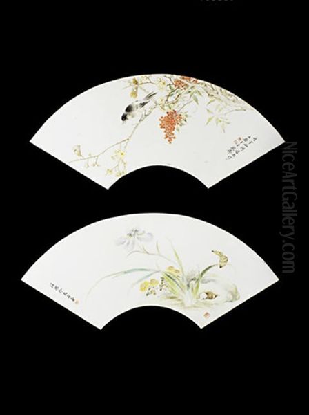 Untitled (butterfly Beside A Long Cuirling Branch Of A Nacissus-like Plant (+ Untitled (bird Singing On A Long Curling Branch Of Blossom); Pair) Oil Painting by  Pan Taoyu