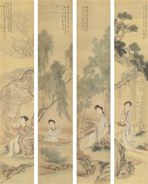 Maidens (set Of 4) Oil Painting by  Pan Zhenyong