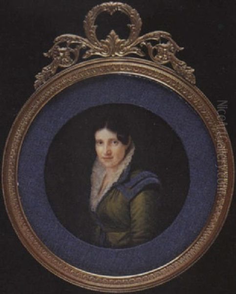 A Lady Wearing Green Coat-dress With Blue Trim And Collar Over White Frilled Gauze Collar Oil Painting by Santo Panario