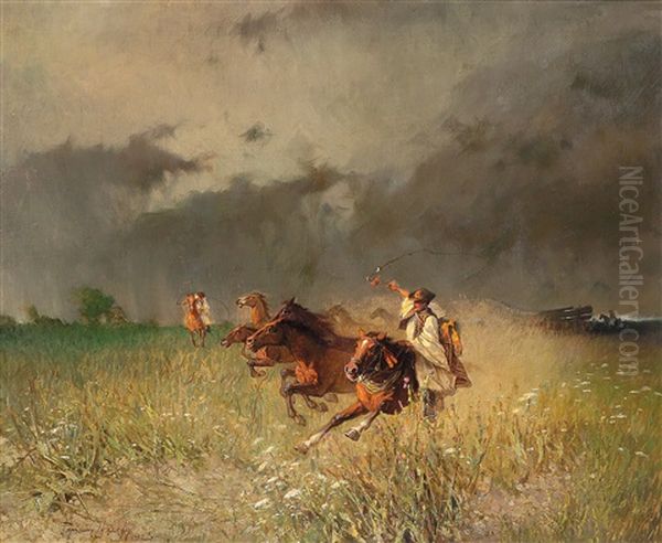 Reiter In Der Puszta Oil Painting by Jozsef Pandur