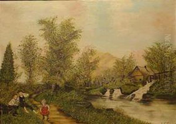 Children Playing By A Mill Oil Painting by M.H. Blauvelt