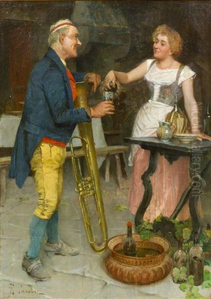 Musician And Inn Maid With Chianti Oil Painting by Ruggero Panerai