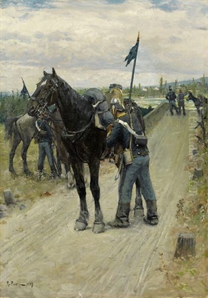 Ein Soldat Sein Pferd Sattelnd Oil Painting by Ruggero Panerai