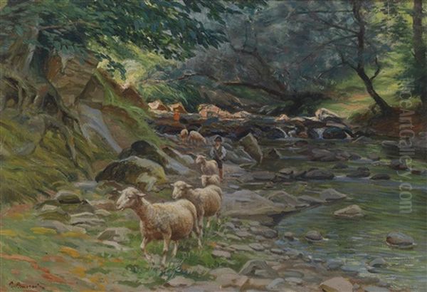 Schafherde Und Kleine Hirten Am Bachufer Oil Painting by Ruggero Panerai