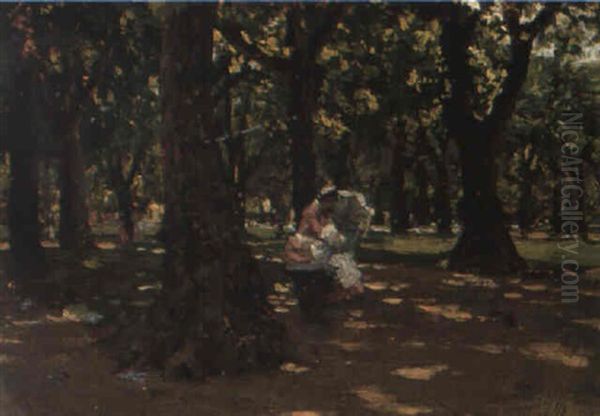 Figures In A Park Oil Painting by Ruggero Panerai