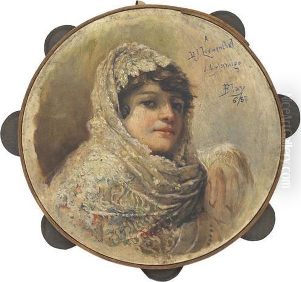 Senora Con Mantilla Blanca Oil Painting by Miguel Blay Y Fabrega