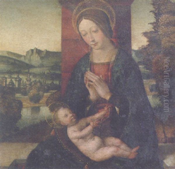 The Madonna And Child Before A Mountainous Landscape With A Town Oil Painting by Domenico Panetti