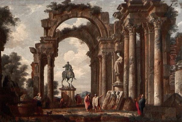 Classical Figures In The Ruins Of A Public Building Oil Painting by Francesco Panini