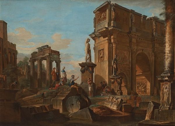 Capriccio With Figures At The Roman Ruins And The Arch Of Constantine Oil Painting by Giovanni Paolo Panini