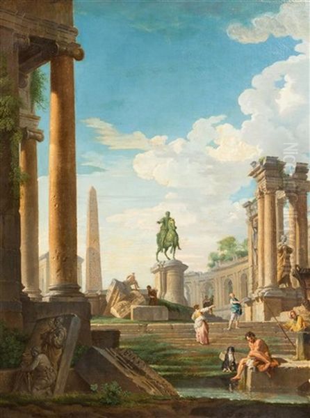 Classical Ruins With Statue Of Marcus Aurelius Oil Painting by Giovanni Paolo Panini