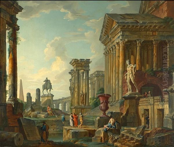 A Capriccio Of Roman Ruins With The Apollo Belvedere And The Equestrian Statue Of Marcus Aurelius Oil Painting by Giovanni Paolo Panini