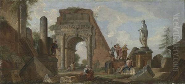 An Architectural Capriccio With The Arch Of Titus And Figures Conversing By The Statue Oil Painting by Giovanni Paolo Panini