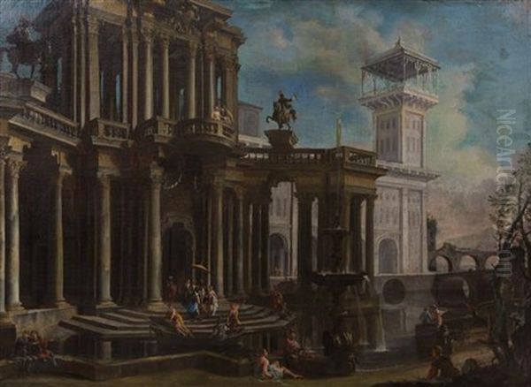 Two Expansive Scenes Of Capriccios Amidst The Ruins Oil Painting by Giovanni Paolo Panini