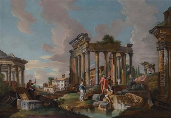 Figures Among Antique Ruins Oil Painting by Giovanni Paolo Panini