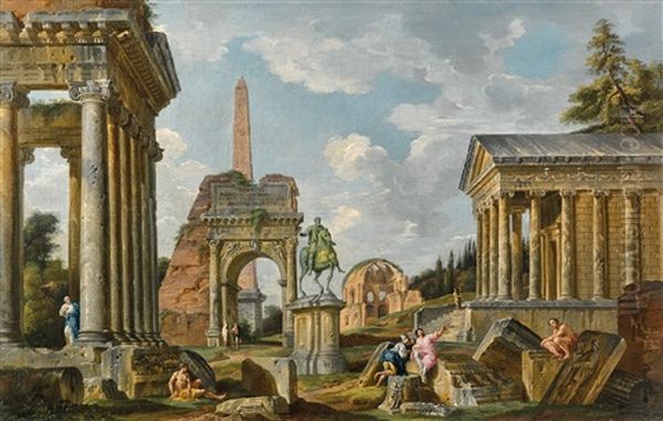 An Architectural Capriccio With Figures Among Roman Ruins Including The Temple Of Saturn (collaboration W/workshop) Oil Painting by Giovanni Paolo Panini