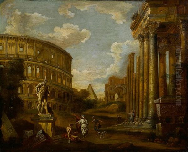 A Capriccio View Of The Colosseum With The Farnese Hercules And The Tomb Of Cestius Beyond Oil Painting by Giovanni Paolo Panini