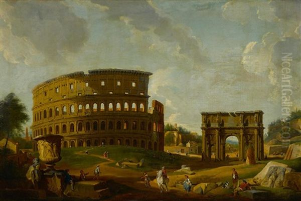 A Capriccio View With The Colosseum And The Arch Of Constantine Oil Painting by Giovanni Paolo Panini