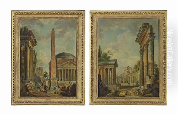 An Architectural Capriccio With An Obelisk And The Pantheon; And An Architectural Capriccio With Ruins And Figures Conversing In The Foreground (pair) Oil Painting by Giovanni Paolo Panini