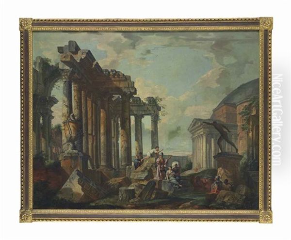 A Classical Capriccio With The Pantheon And Figures Conversing In The Foreground Before The Borghese Gladiator Oil Painting by Giovanni Paolo Panini