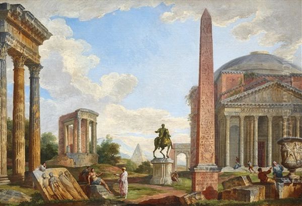 A Capriccio With Figures Among The Ruins Of The Three Columns Of The Temple Of Castor And Pollux Oil Painting by Giovanni Paolo Panini