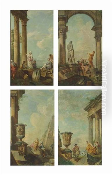 Four Capriccios Of Roman Ruins With Figures Conversing Oil Painting by Giovanni Paolo Panini