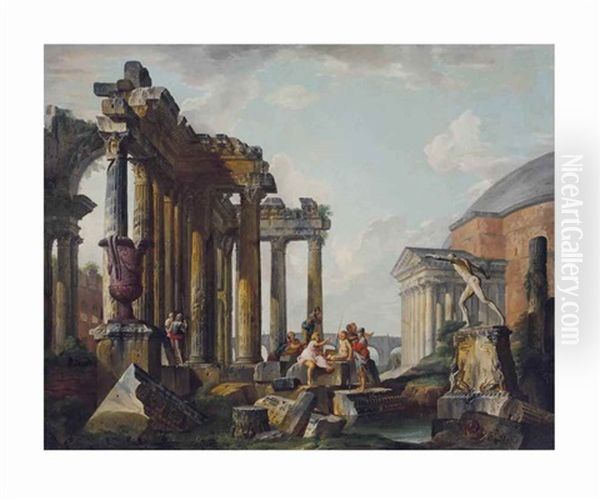 A Capriccio Of The Pantheon And Roman Ruins, A Group Of Soldier In The Foreground Oil Painting by Giovanni Paolo Panini