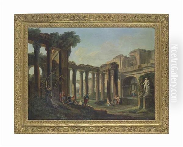 A Capriccio With Figures Conversing Among Ruins Oil Painting by Giovanni Paolo Panini