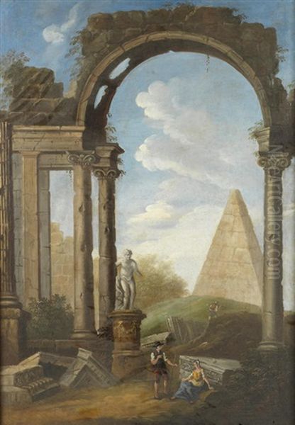 Figures By Classical Ruins Oil Painting by Giovanni Paolo Panini