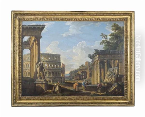 Capriccio Of Classical Ruins With The Temple Of Antonius And Faustina, The Colosseum, The Basilica Of Maxentius And The Temple Of Venus And Rome Oil Painting by Giovanni Paolo Panini