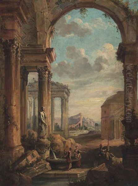 A Capriccio Of The Pantheon And Roman Ruins, Washerwomen And A Soldier In The Foreground Oil Painting by Giovanni Paolo Panini