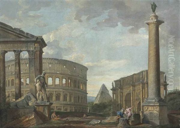 A Roman Capriccio With The Colosseum, Trajan's Column, The Farnese Hercules, The Pyramid Of Cestius And Other Classical Buildings, With Figures Resting In The Foreground Oil Painting by Giovanni Paolo Panini