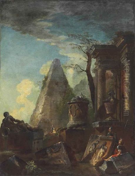 A Capriccio Of Classical Ruins With The Pyramid Of Cestius Beyond Oil Painting by Giovanni Paolo Panini