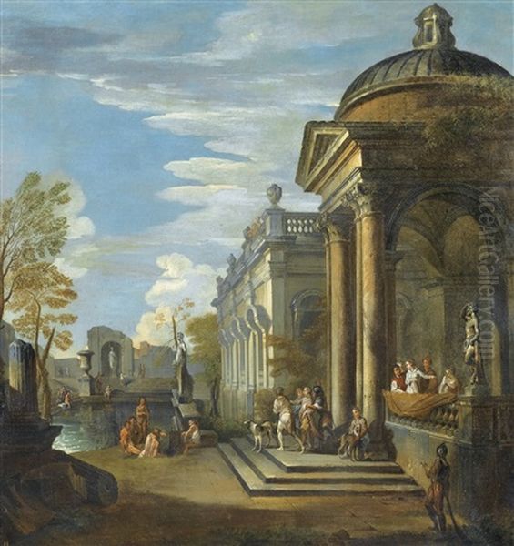 Caprice Avec Batiments Classiques Devant Un Bassin Oil Painting by Giovanni Paolo Panini