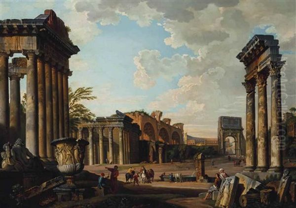 A View Of The Camp Vaccino With The Temple Of Jupiter Stator, The Arch Of Titus, The Colosseum, The Basilica Of Maxentius, The Temple Of Antoninus And Faustina And The Temple Of Concord With The Borghese Vase And Horsemen And Peasants By A Fountain Oil Painting by Giovanni Paolo Panini