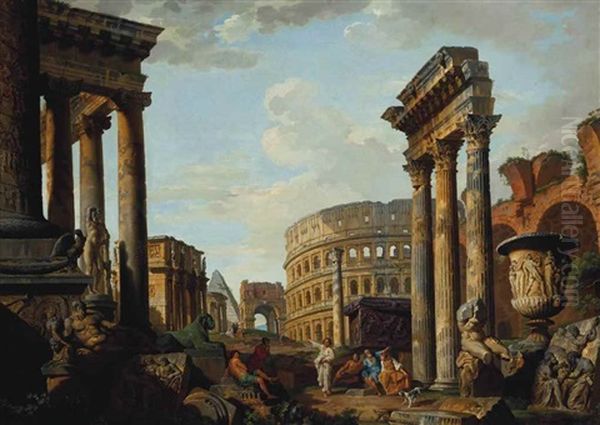 An Architectural Capriccio With Figures Among Roman Ruins Including The Temple Of Saturn, Arch Of Constantine, Temple Of Vesta, Arch Of Drusus, The Colosseum, Temple Of Castor And Pollux, Basilica Of Maxentius, The Apollo Belvedere And The Column Of Traja Oil Painting by Giovanni Paolo Panini