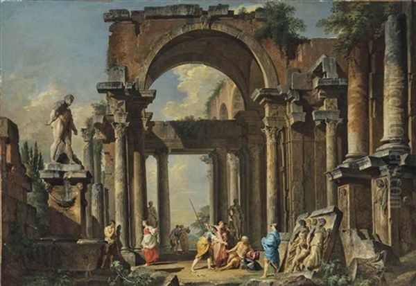 A Capriccio Of Roman Ruins With Belisarius Begging For Alms Oil Painting by Giovanni Paolo Panini