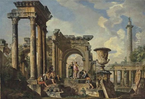 A Capriccio Of Roman Ruins With The Sermon Of Saint Peter Oil Painting by Giovanni Paolo Panini