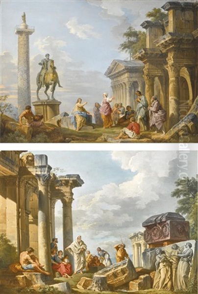 A Capriccio View With Figures Among Roman Archaeological Ruins, The Temple Of Vesta In Tivoli And The Sarcophagus Of Costanza; A Capriccio View With Figures Beside The Statue Of Marcus Aurelius, Trajan's Column And The Forum Of Nerva Oil Painting by Giovanni Paolo Panini